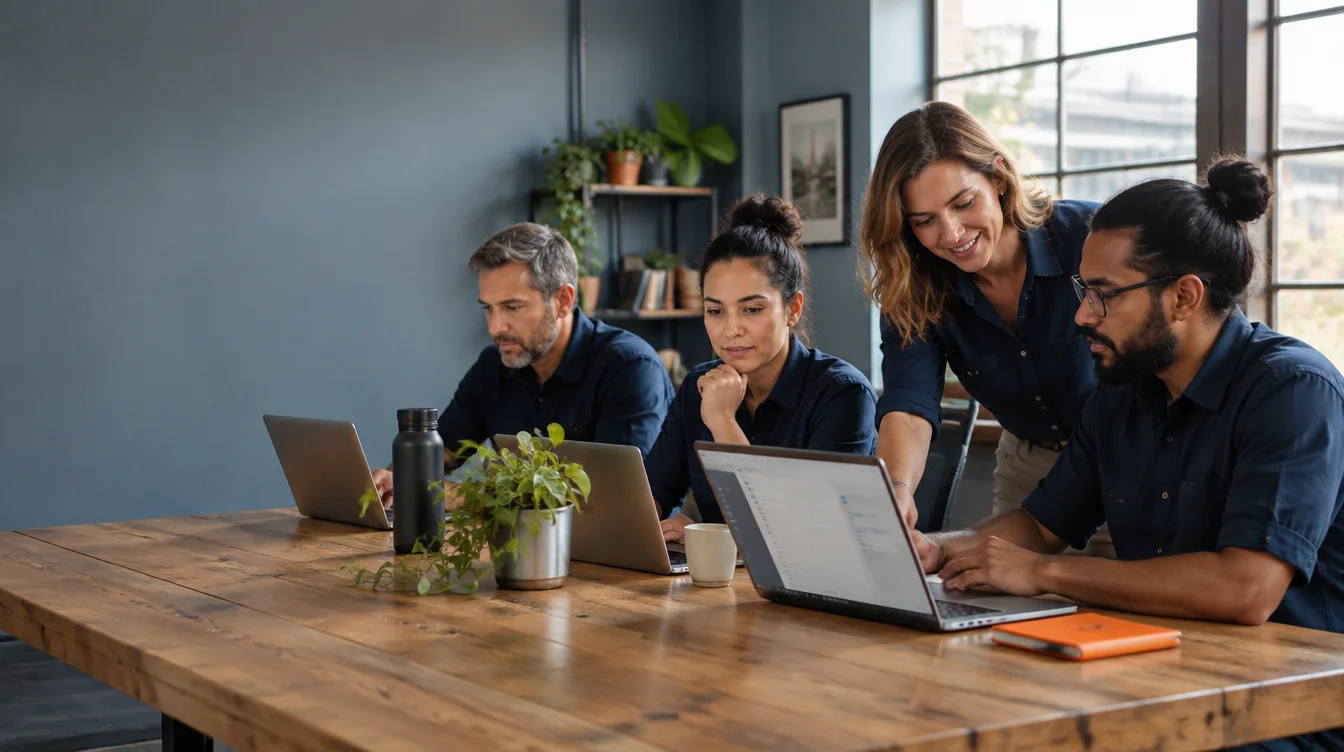 A tutor helping business owners learn together on laptops