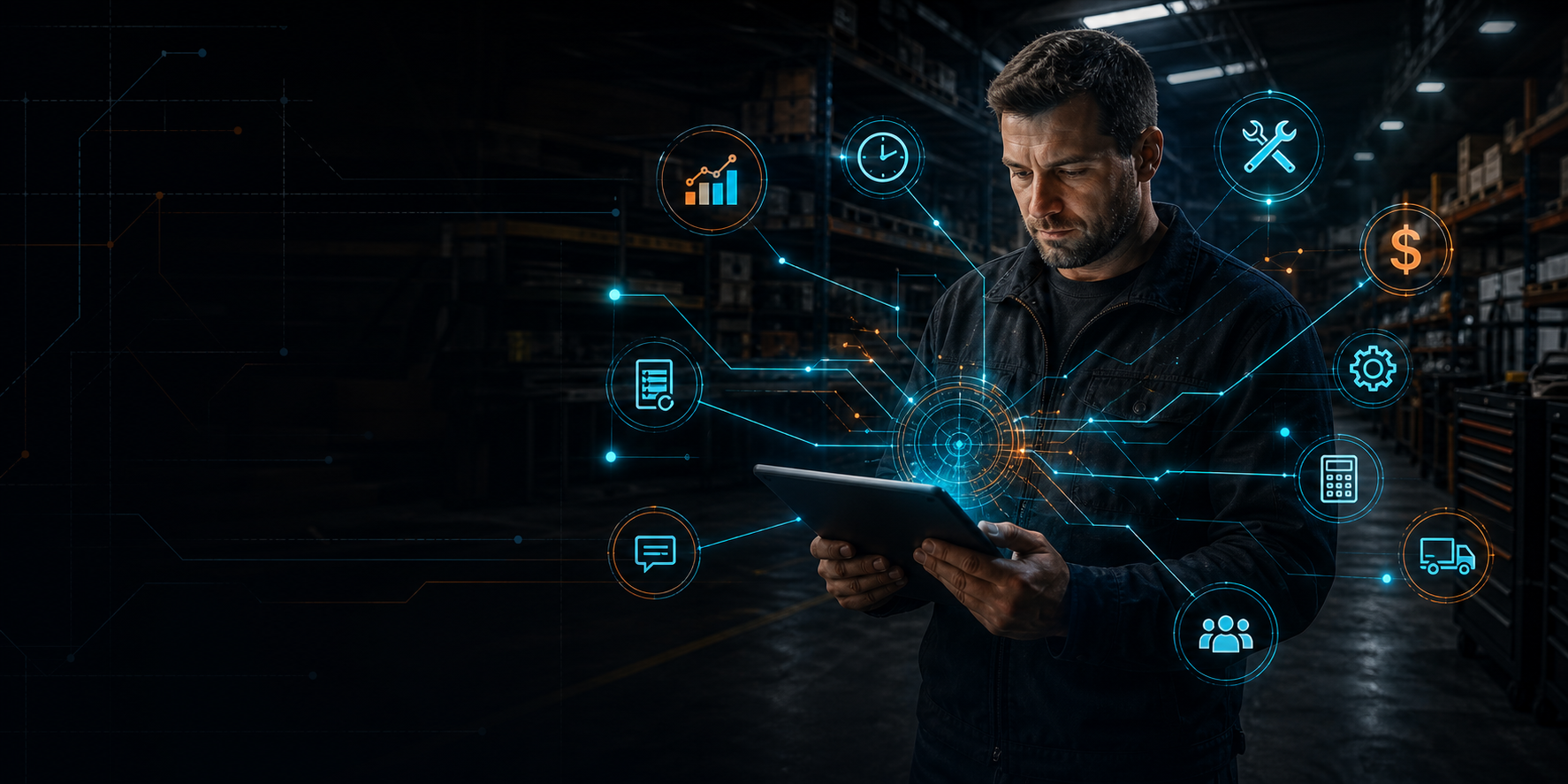 Trade business owner looking at an iPad in a warehouse with AI workflow overlays