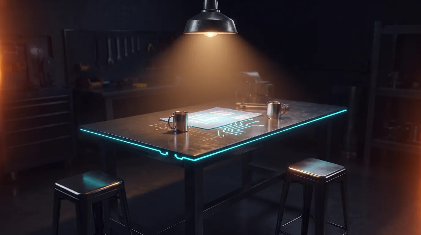 Two stools facing each other across a small bench under one warm work lamp